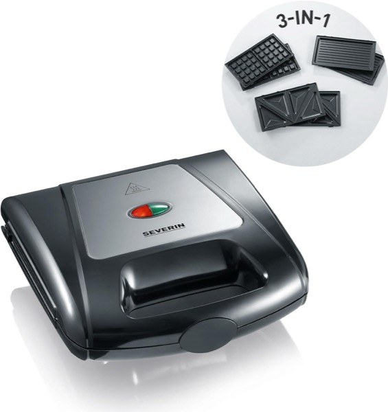 Severin 3in1 Sandwichmaker Sandwich-Toaster, auswechselbare Platten: Brüsseler-Waffeleisen, Grillplatten, Sandwich-Toasts, antihaftbeschichtet, 1.000 W, Edelstahl-gebürstet, schwarz, SA 2968