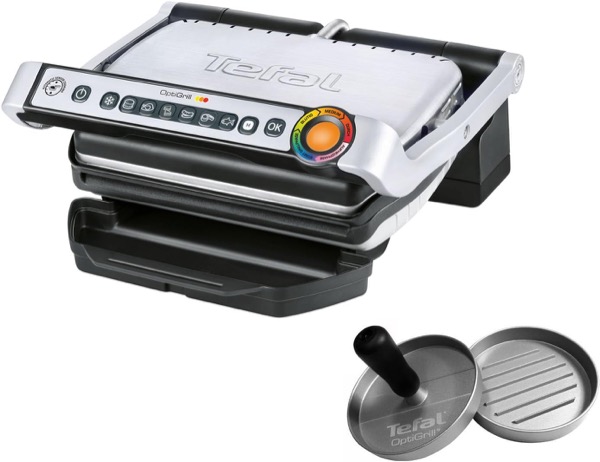 Tefal OptiGrill inkl. Hamburgerpresse GC702D.HB Kontaktgrill | 2.000 Watt | Standard-Modell | automatische Anzeige des Garzustands | 6 voreingestellte Grillprogramme | schwarz/edelstahl