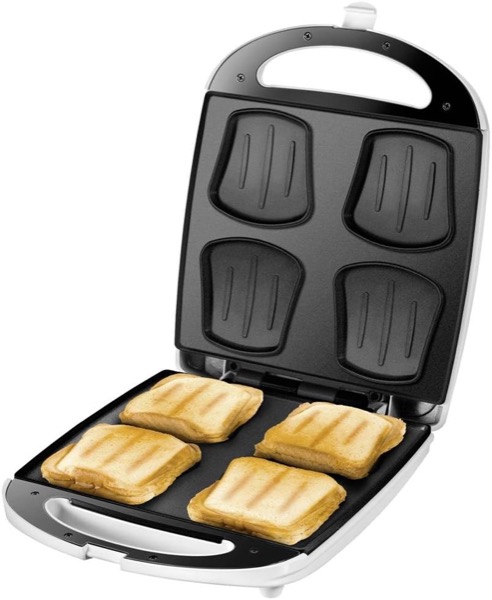 Unold 48480 Sandwich Maker Quadro - weiß/Edelstahl, für 4 Toasts gleichzeitig, Antihaft-Beschichtung, Wärmeisolierte Griffe, automatische Temperaturregelung, 1.100 Watt
