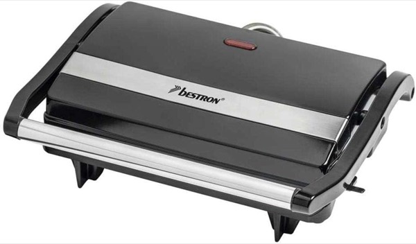 Bestron elektrischer Kontaktgrill mit Auffangschale, Sandwichmaker mit Cool-Touch-Handgriff, Paninimaker mit Antihaftbeschichtung, 700 Watt, APM123Z, Farbe: Schwarz, 22,5 x 14 cm
